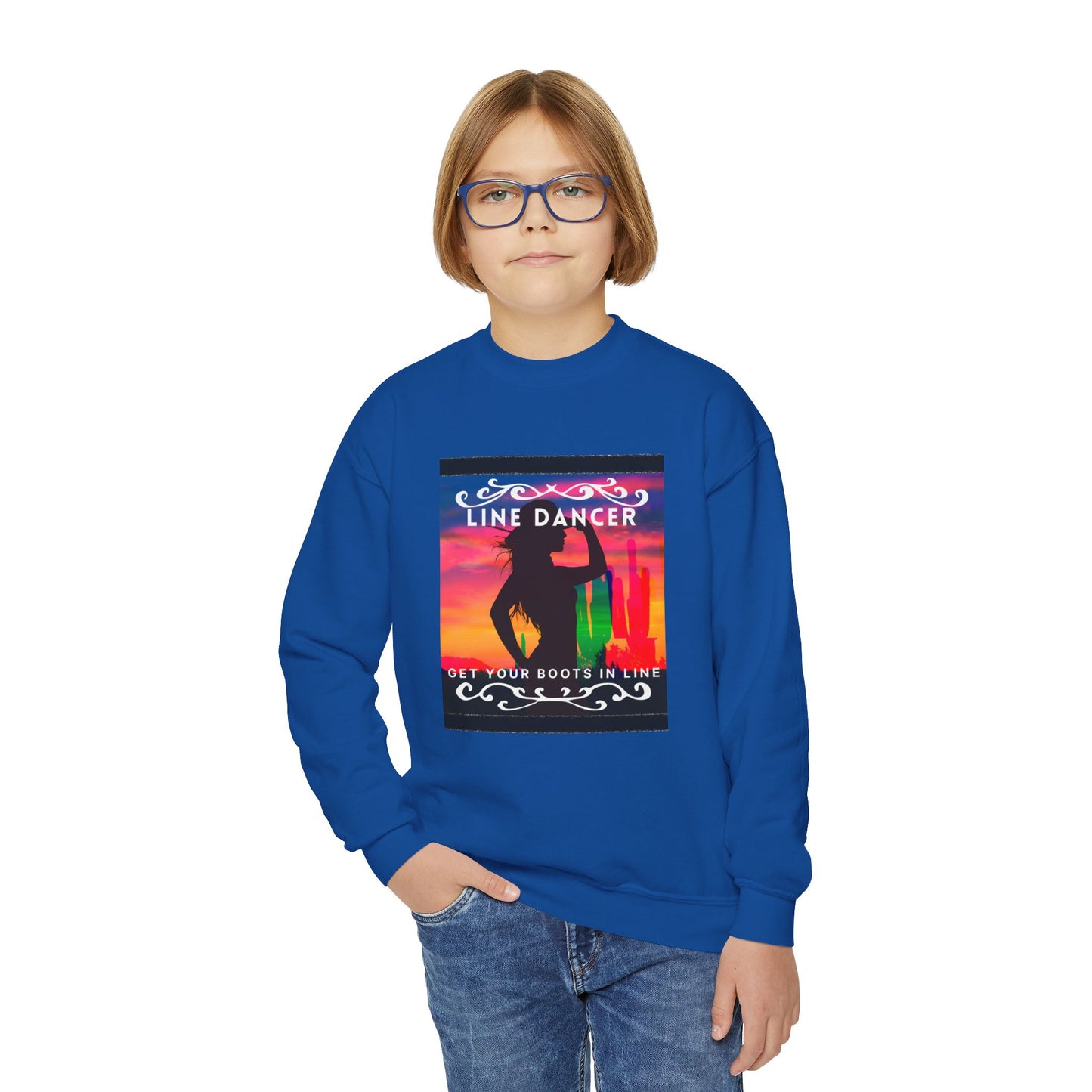 "Line Dancer, Get Your Boots in Line!" Youth Crewneck Sweatshirt – Western-Inspired Dance Graphic – Country Dance Pullover for Kids