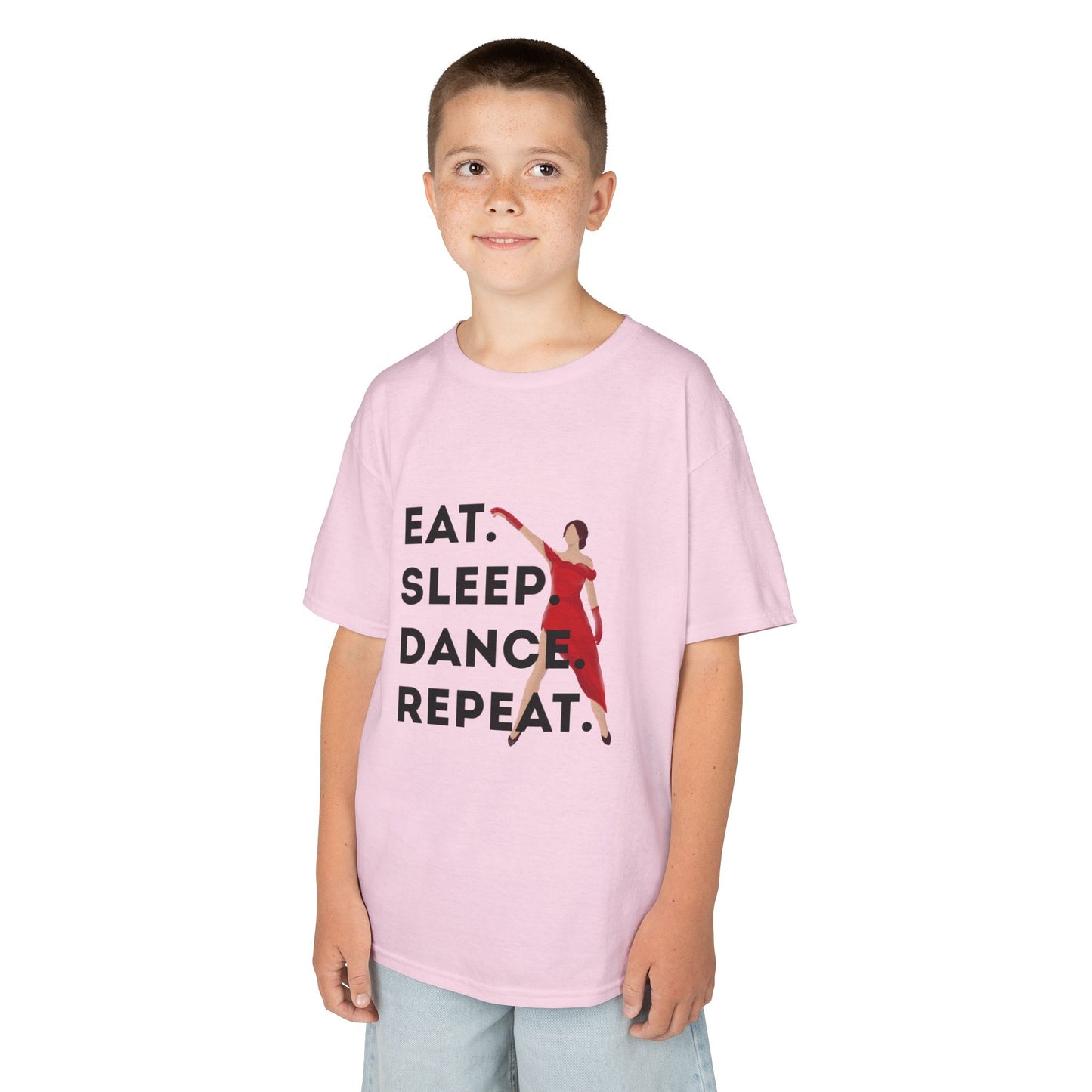 "Eat Sleep Dance Repeat” Youth Short Sleeve Tee – Bold Dancer Graphic Dance Shirt for Kids and Young Performers