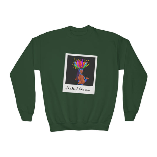 "Shake It Like a..." Youth Crewneck Sweatshirt – Carnival-Inspired Samba Dancer Graphic Pullover for Kids and Teens