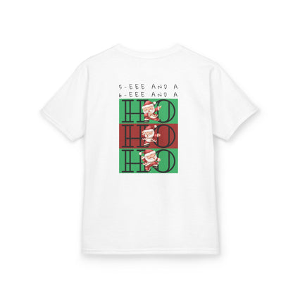 “5-eee and a 6-eee and a Ho, Ho, Ho” YOUTH Short Sleeve Tee with Playful Dancing Santa Front & Back – Festive Christmas Dance Tee for Dancers & Studios