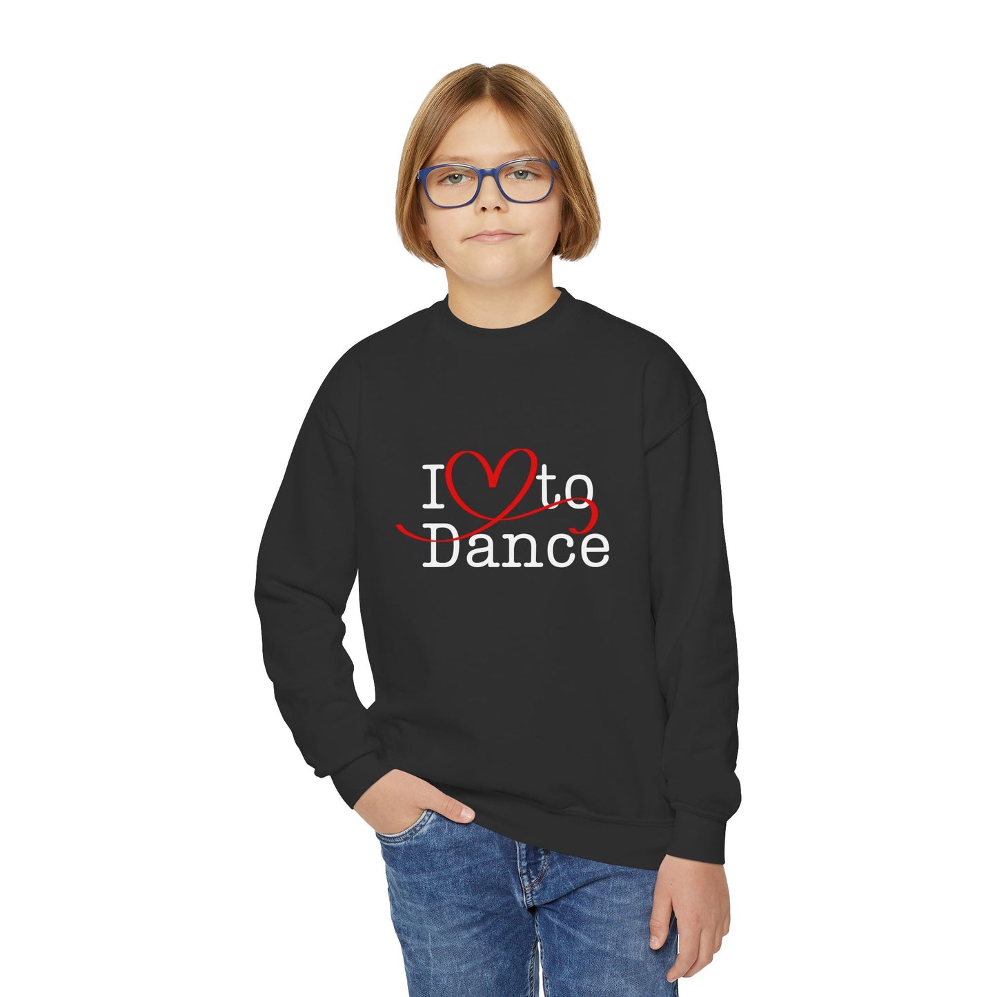 I Love to Dance Youth Crewneck Sweatshirt – Hand-Drawn Heart Graphic Dance Lover Pullover