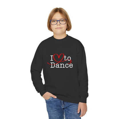 I Love to Dance Youth Crewneck Sweatshirt – Hand-Drawn Heart Graphic Dance Lover Pullover