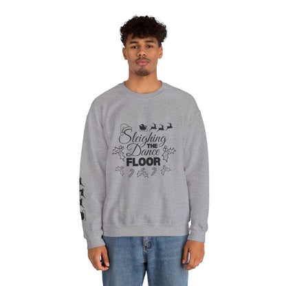 “Sleighing the Dance Floor” ADULT SWEATSHIRT Unisex Heavy Blend Crewneck – Festive Christmas Dance Sweatshirt with Santa’s Sleigh & Reindeer Arm Design, Perfect for Dancers & Studios