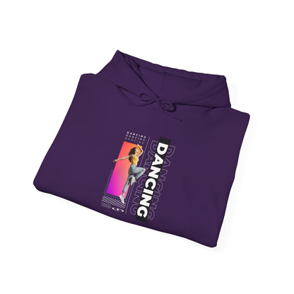 Dancing” Text with Streetwear-Style Female Dancer Graphic - Unisex Heavy Blend™ Hooded Sweatshirt – Cozy Dance Hoodie for Ballet & Hip-Hop Enthusiasts