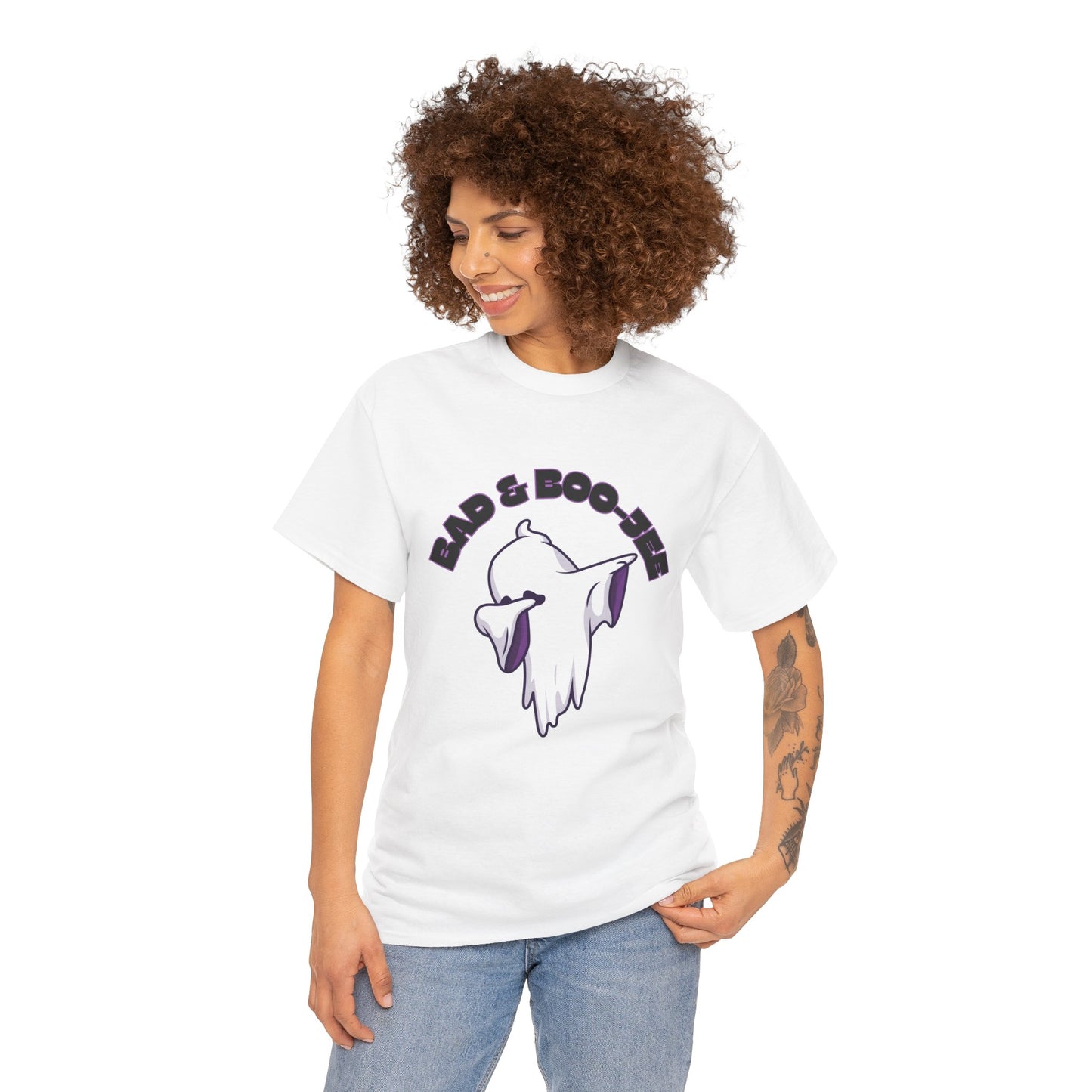 “Bad & Boo-jee” Funny Halloween Dance T-Shirt with Cute Ghost Dab Graphic - Unisex Heavy Cotton Tee