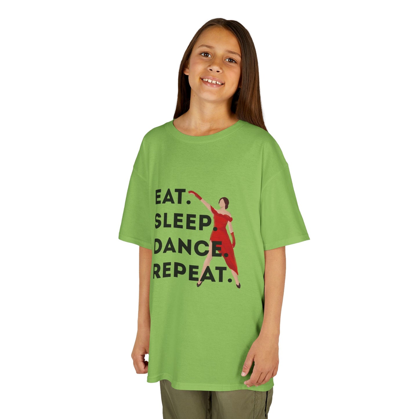 "Eat Sleep Dance Repeat” Youth Short Sleeve Tee – Bold Dancer Graphic Dance Shirt for Kids and Young Performers