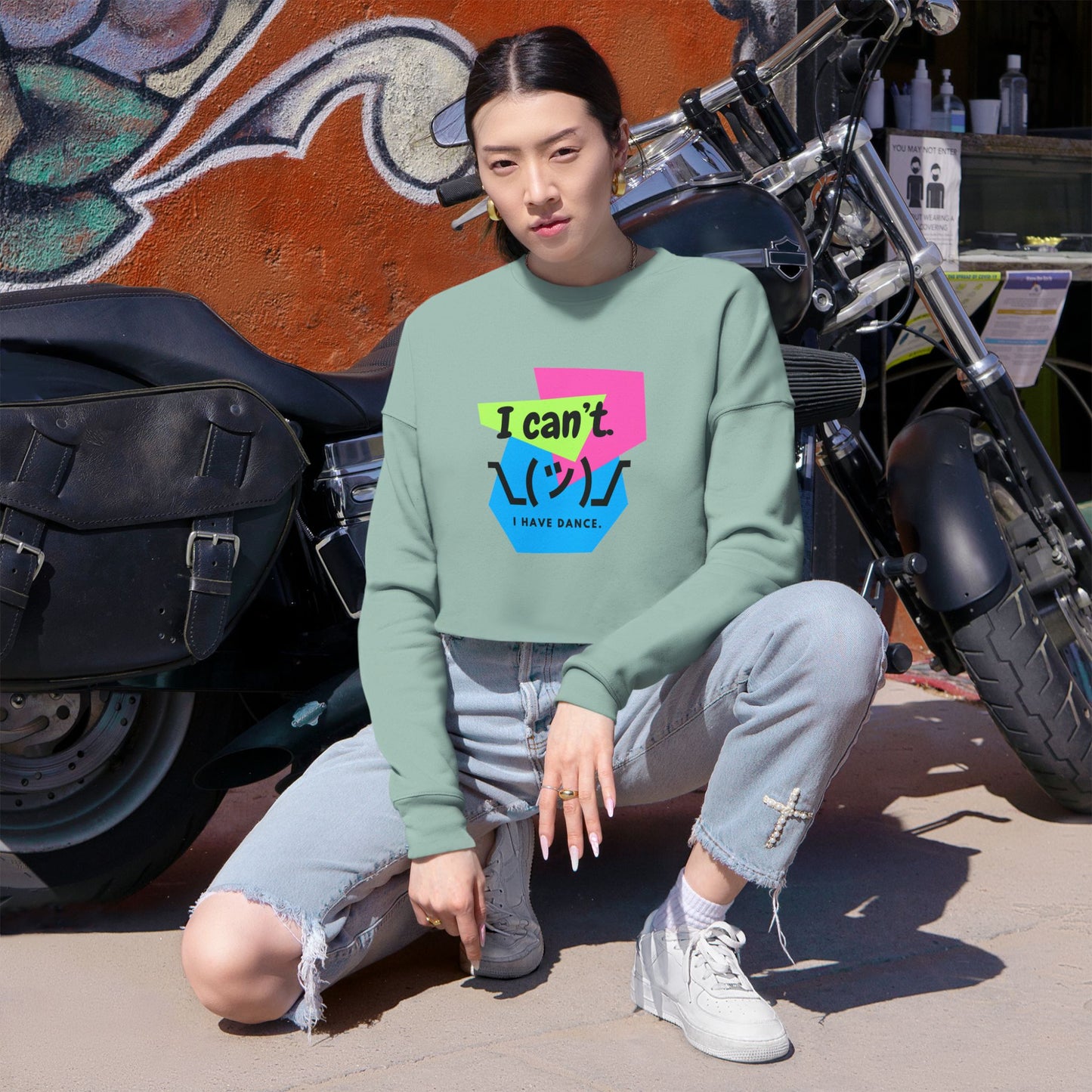 "I Can’t. I Have Dance." – Women’s Cropped Dance Sweatshirt | Retro 80s Emoji Graphic Pullover for Dancers