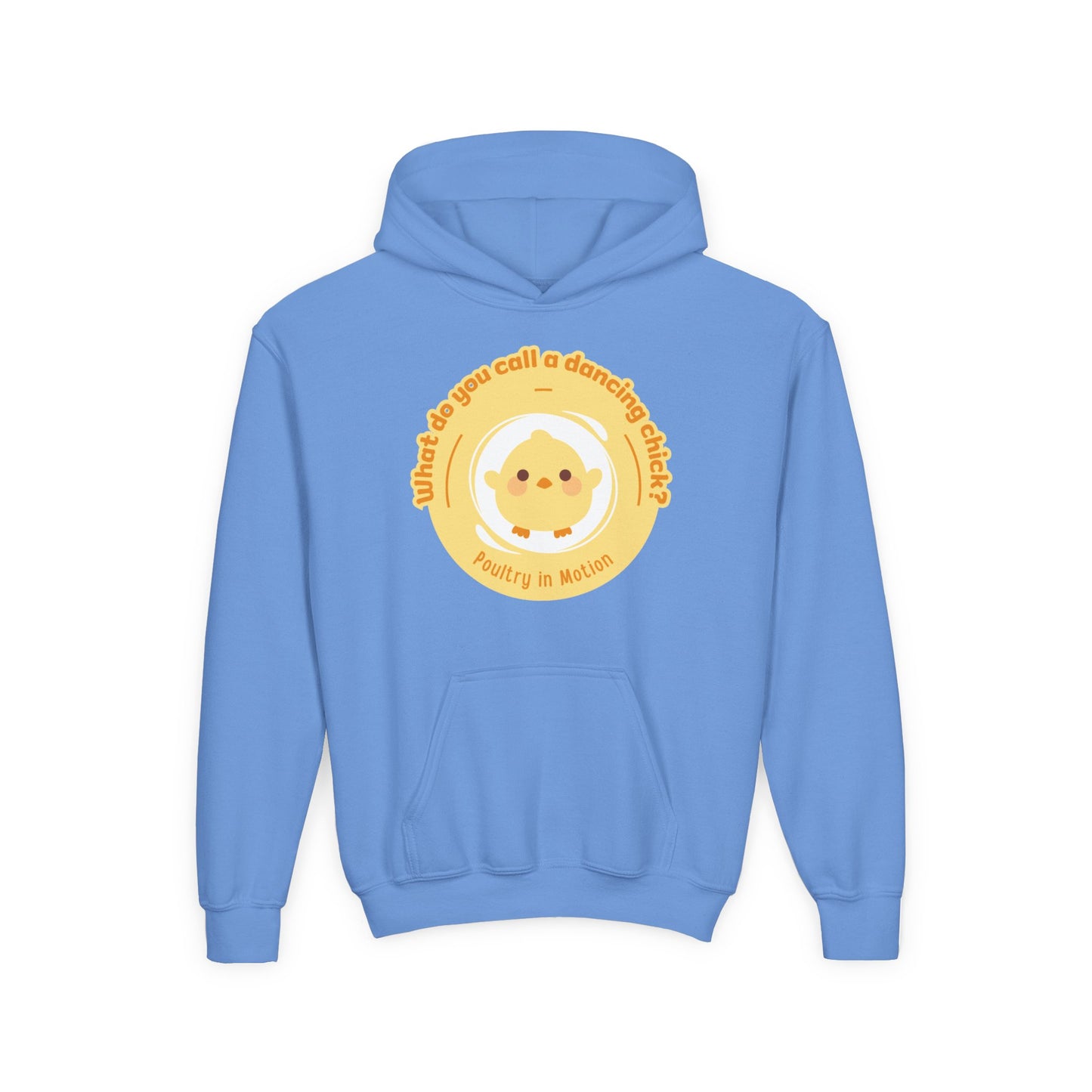 "What do you call a dancing chick? Poultry in Motion." Youth Hooded Sweatshirt – Funny Dancing Chick Pun Graphic Hoodie for Kids and Teens