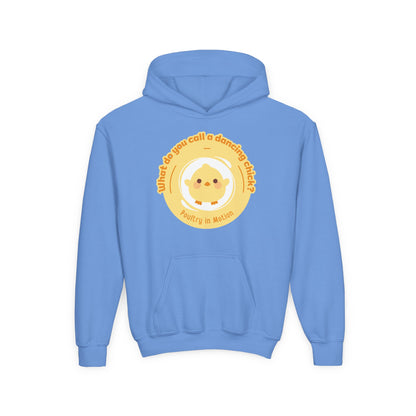 "What do you call a dancing chick? Poultry in Motion." Youth Hooded Sweatshirt – Funny Dancing Chick Pun Graphic Hoodie for Kids and Teens