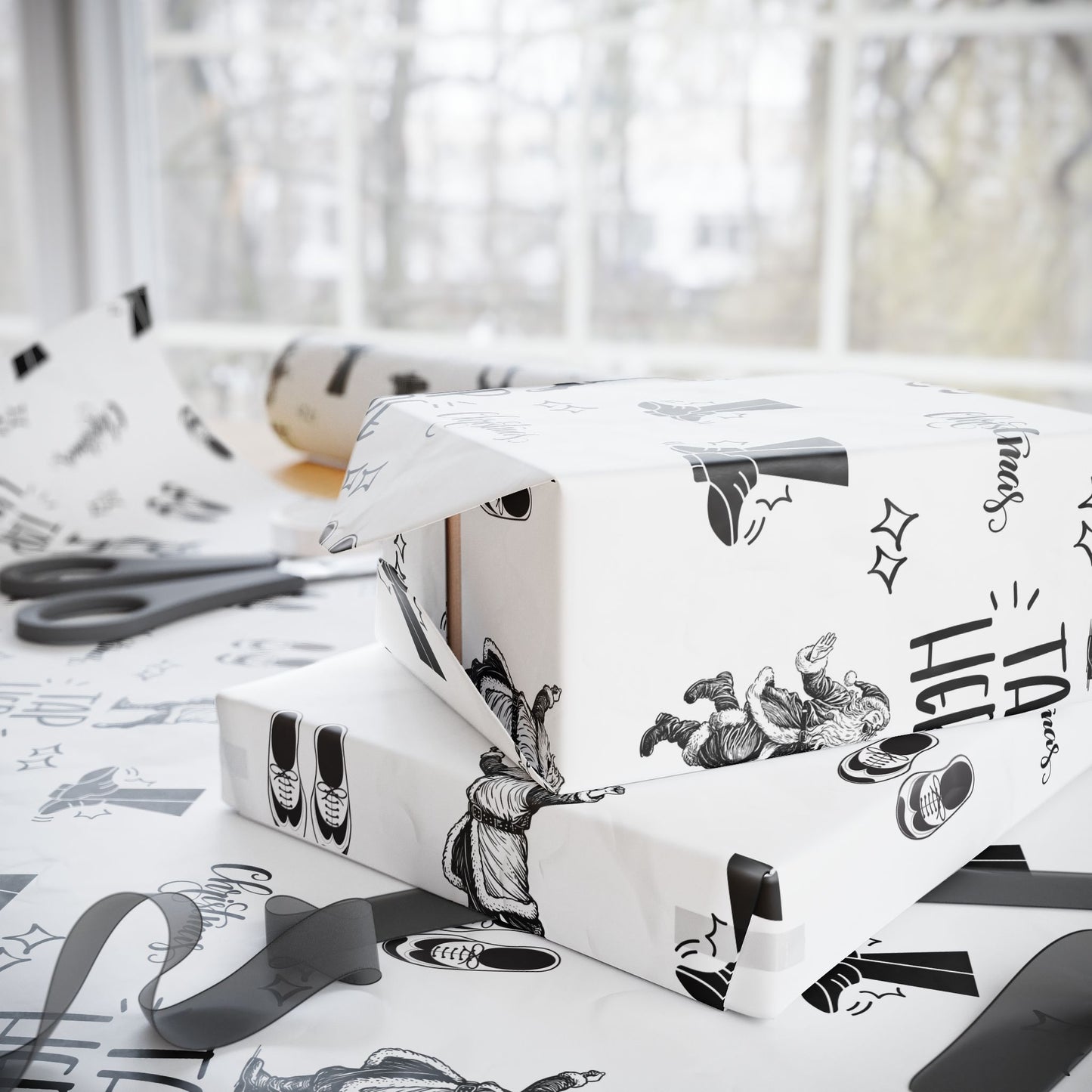 “Tap Here” Christmas Wrapping Paper – Fun Black & White Holiday Gift Wrap with Tap Shoes & Santa Design, Perfect for Tap Dancers & Dance Studios