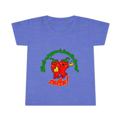 "What Is a Pepper's Favorite Dance? Salsa!" Toddler Dance T-Shirt – Cute Pepper Pun Graphic Short Sleeve Tee for Kids
