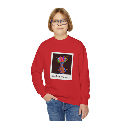 "Shake It Like a..." Youth Crewneck Sweatshirt – Carnival-Inspired Samba Dancer Graphic Pullover for Kids and Teens