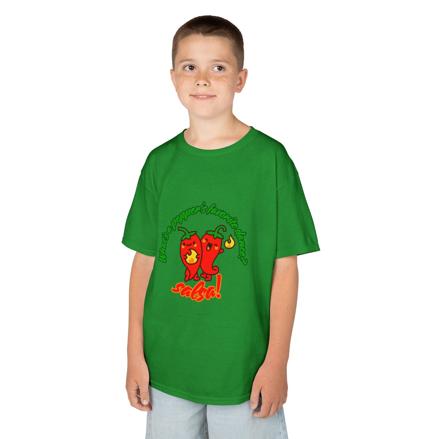 "What’s a Pepper’s Favorite Dance? Salsa!" Youth Short Sleeve Tee – Funny Dance Shirt with Cute Pepper Graphic for Kids