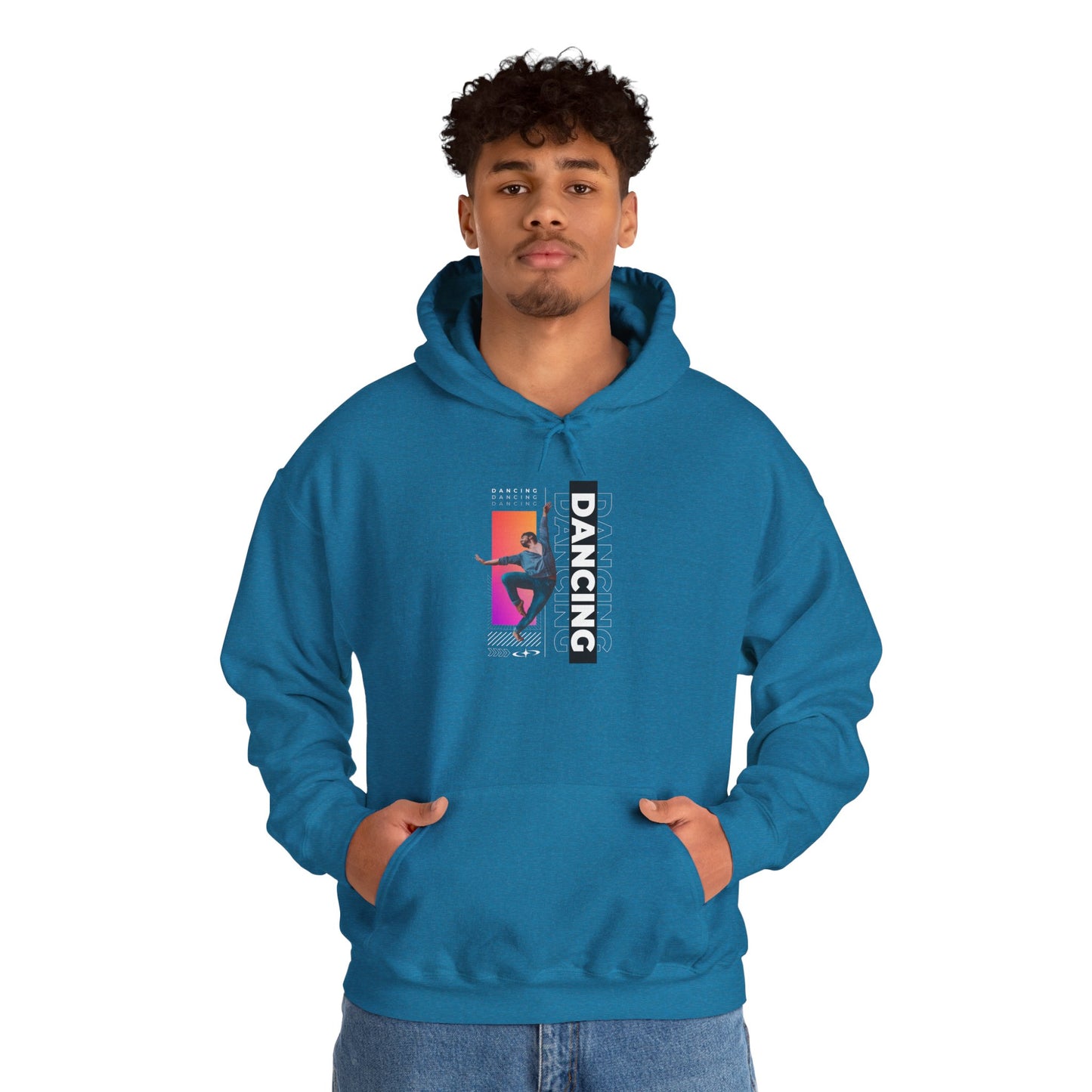 “Dancing” Text with Streetwear-Style Male Dancer Graphic – Unisex Heavy Blend™ Hooded Sweatshirt – Cozy Dance Hoodie for Performers & Dance Enthusiasts