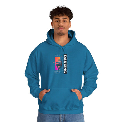 “Dancing” Text with Streetwear-Style Male Dancer Graphic – Unisex Heavy Blend™ Hooded Sweatshirt – Cozy Dance Hoodie for Performers & Dance Enthusiasts