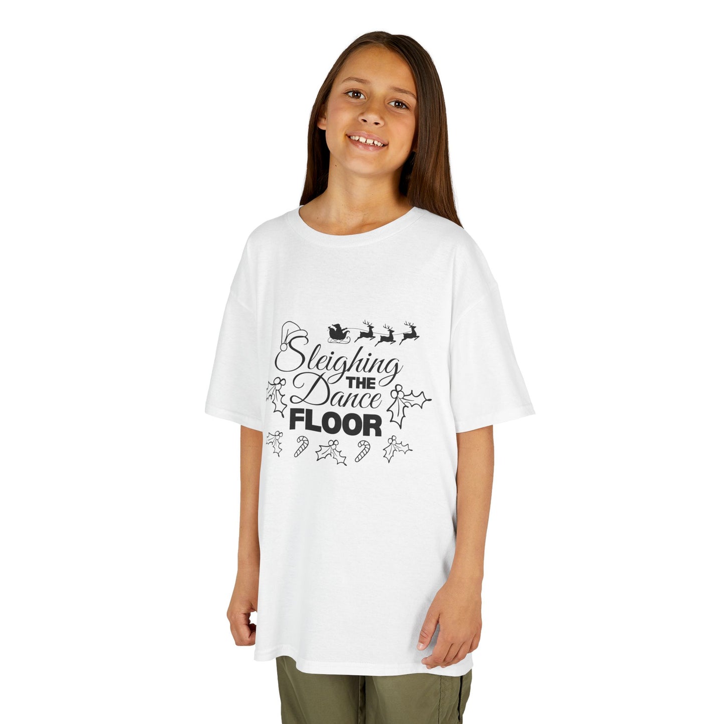 “Sleighing the Dance Floor” YOUTH TEE Short Sleeve with Santa’s Sleigh and Reindeer – Festive Christmas Dance Shirt for Kids and Young Dancers
