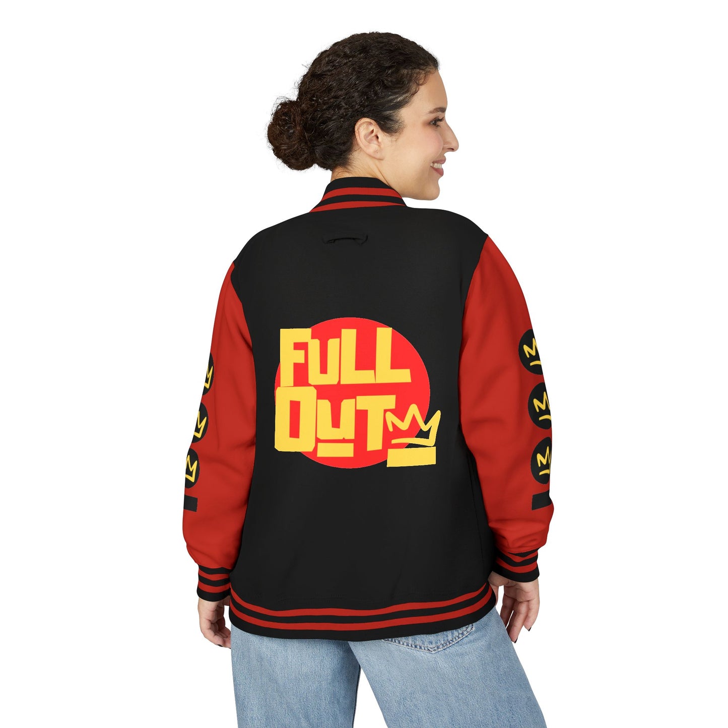 Full Out Premium Collection Letterman Jacket – Unisex Heavyweight Varsity Jacket with "Full Out" Back Graphic and "Crew" Front Design