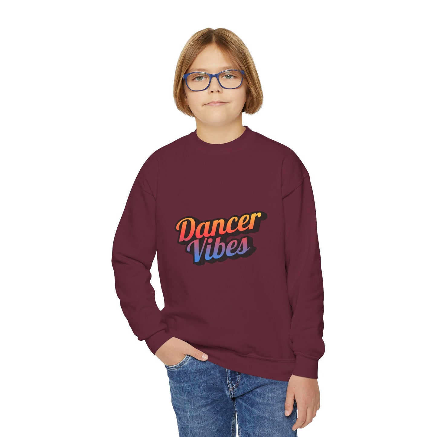 "Dancer Vibes" Youth Crewneck Sweatshirt – Colorful Text-Based Dance Graphic Pullover for Kids and Teens