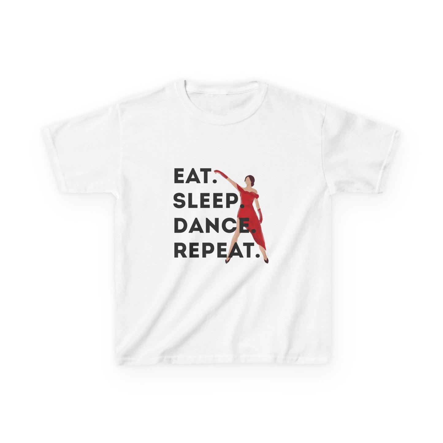 "Eat Sleep Dance Repeat” Youth Short Sleeve Tee – Bold Dancer Graphic Dance Shirt for Kids and Young Performers