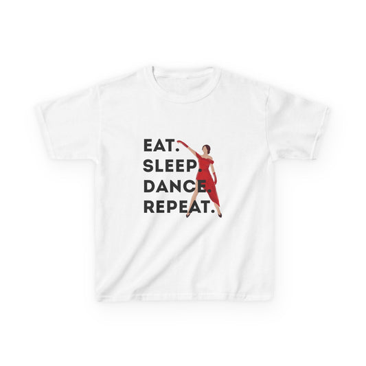 "Eat Sleep Dance Repeat” Youth Short Sleeve Tee – Bold Dancer Graphic Dance Shirt for Kids and Young Performers