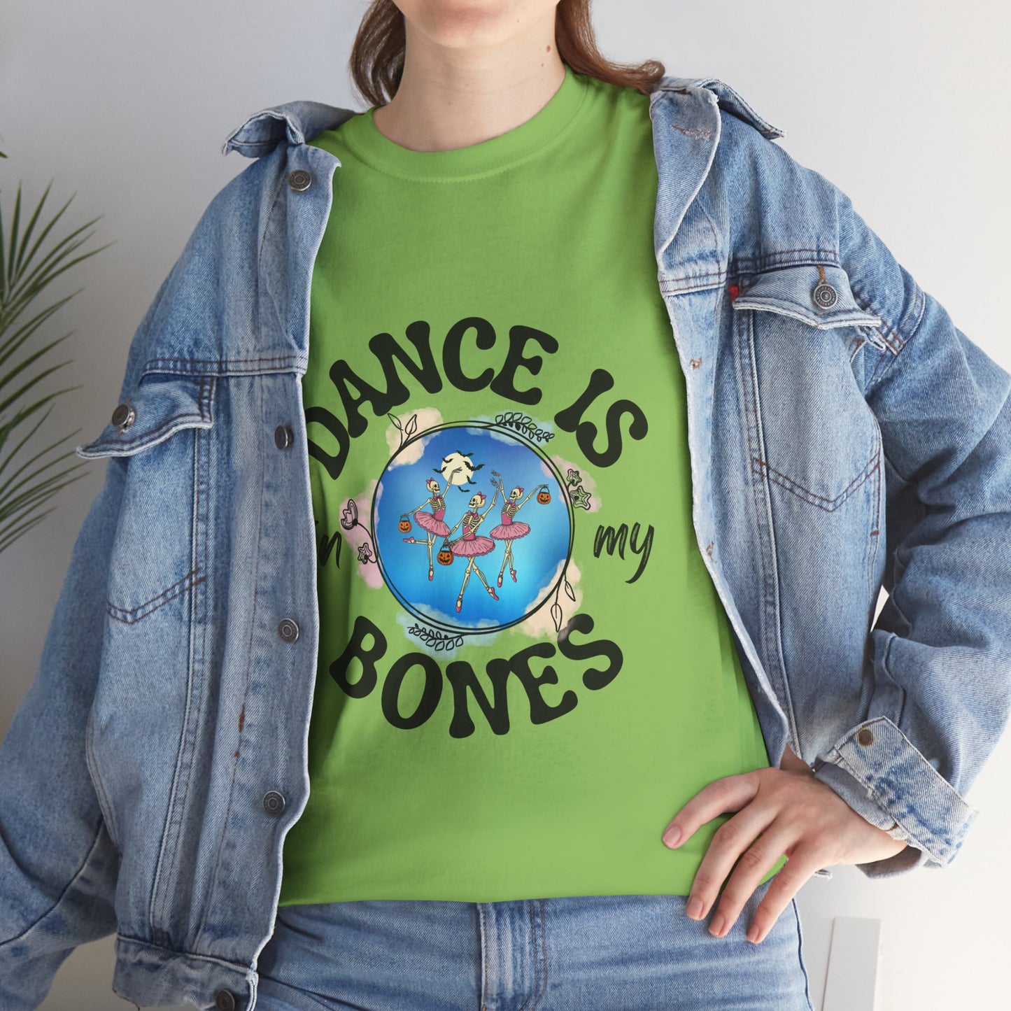 “Dance Is in My Bones” Halloween Dance T-Shirt with Dancing Skeletons Graphic - Unisex Heavy Cotton Tee