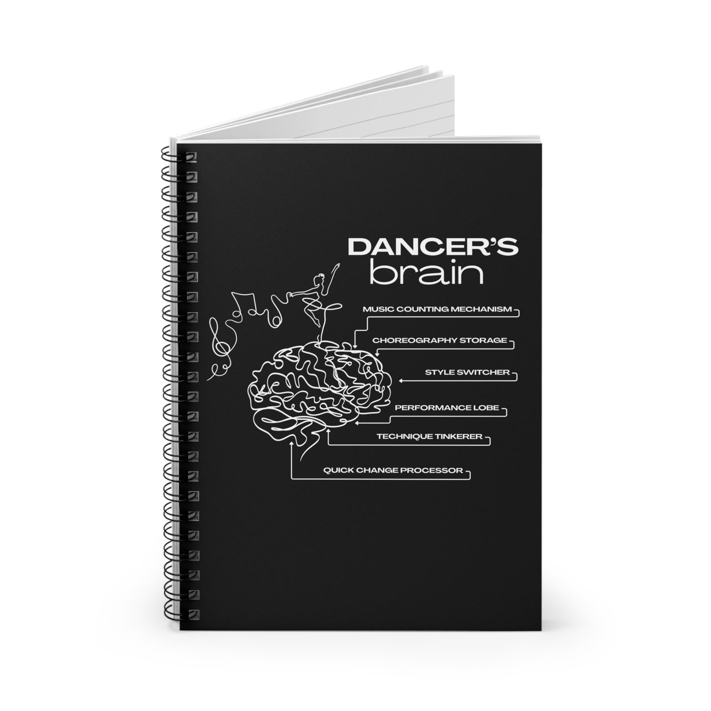 “Dancer’s Brain” Spiral Notebook with Funny Dance Mind Graphic – Cute Ballet & Dance Notebook Personalized with Name or Studio Option