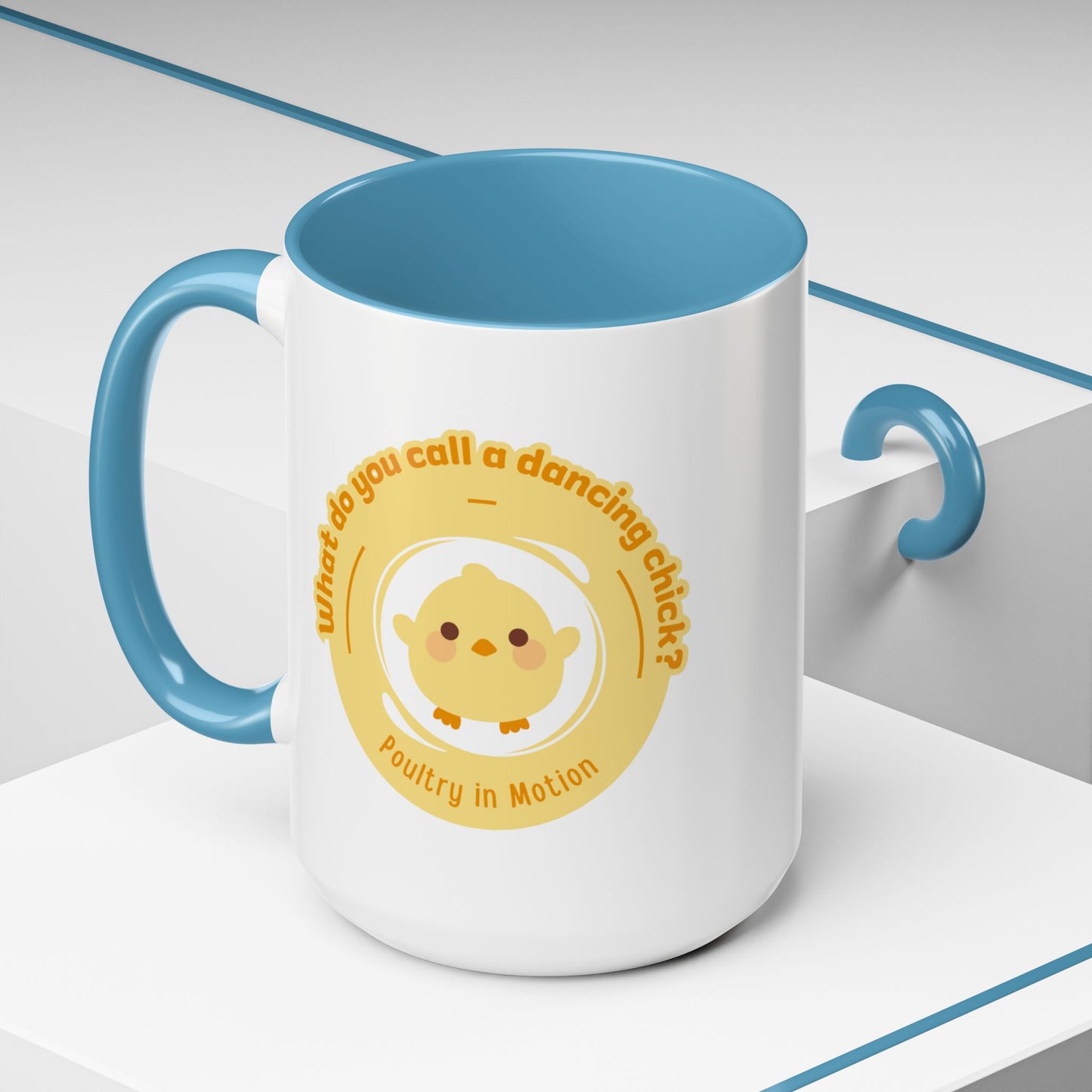"What Do You Call a Dancing Chick? Poultry in Motion" Accent Coffee Mug – Funny Dance Pun Ceramic Mug for Dancers and Chick Enthusiasts