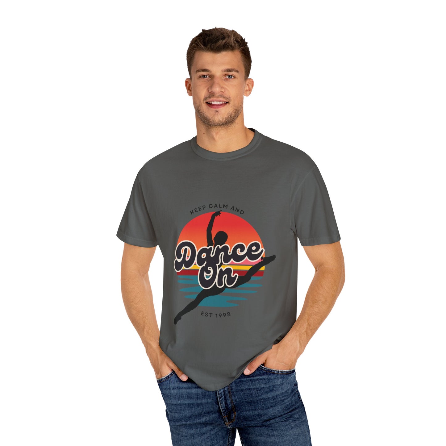 "Keep Calm and Dance On" Unisex Garment-Dyed T-Shirt – Retro Dance Graphic Tee – Vintage-Inspired Comfort Shirt for Dancers