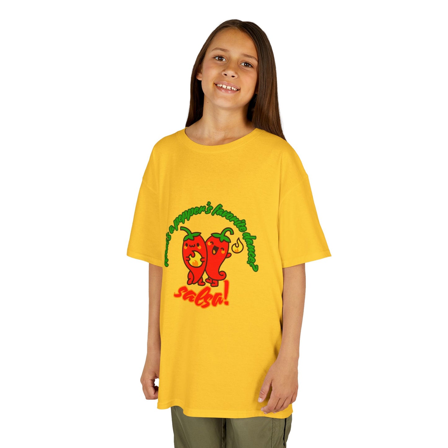 "What’s a Pepper’s Favorite Dance? Salsa!" Youth Short Sleeve Tee – Funny Dance Shirt with Cute Pepper Graphic for Kids