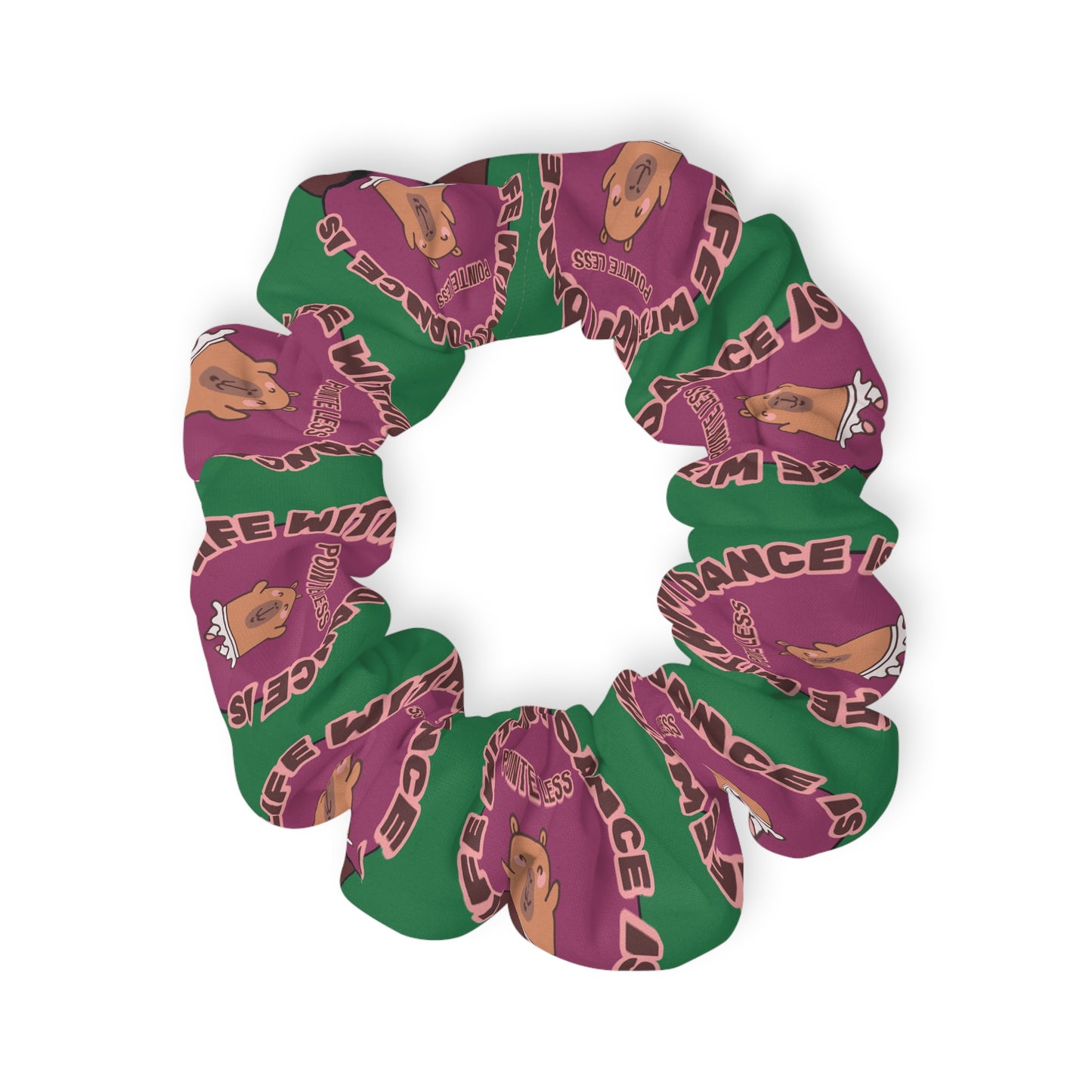 “Life Without Dance Is Pointeless” Scrunchie – Funny Ballet Pun Hair Accessory with Cute Dancing Capybara Graphic