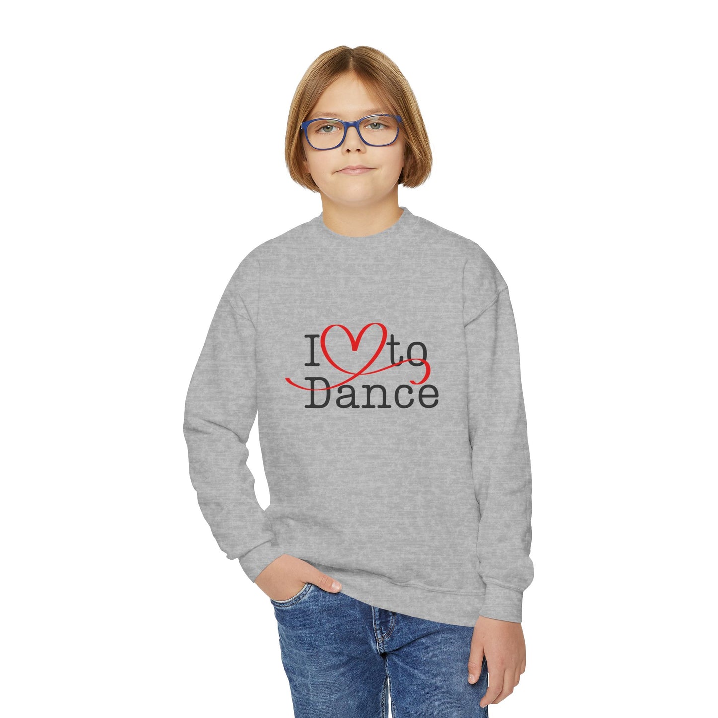 I Love to Dance Youth Crewneck Sweatshirt – Hand-Drawn Heart Graphic Dance Lover Pullover