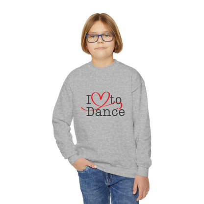 I Love to Dance Youth Crewneck Sweatshirt – Hand-Drawn Heart Graphic Dance Lover Pullover