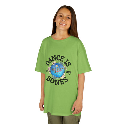 "Dance Is in My Bones” Halloween Dance T-Shirt with Dancing Skeletons Graphic - Kids Heavy Cotton™ Tee