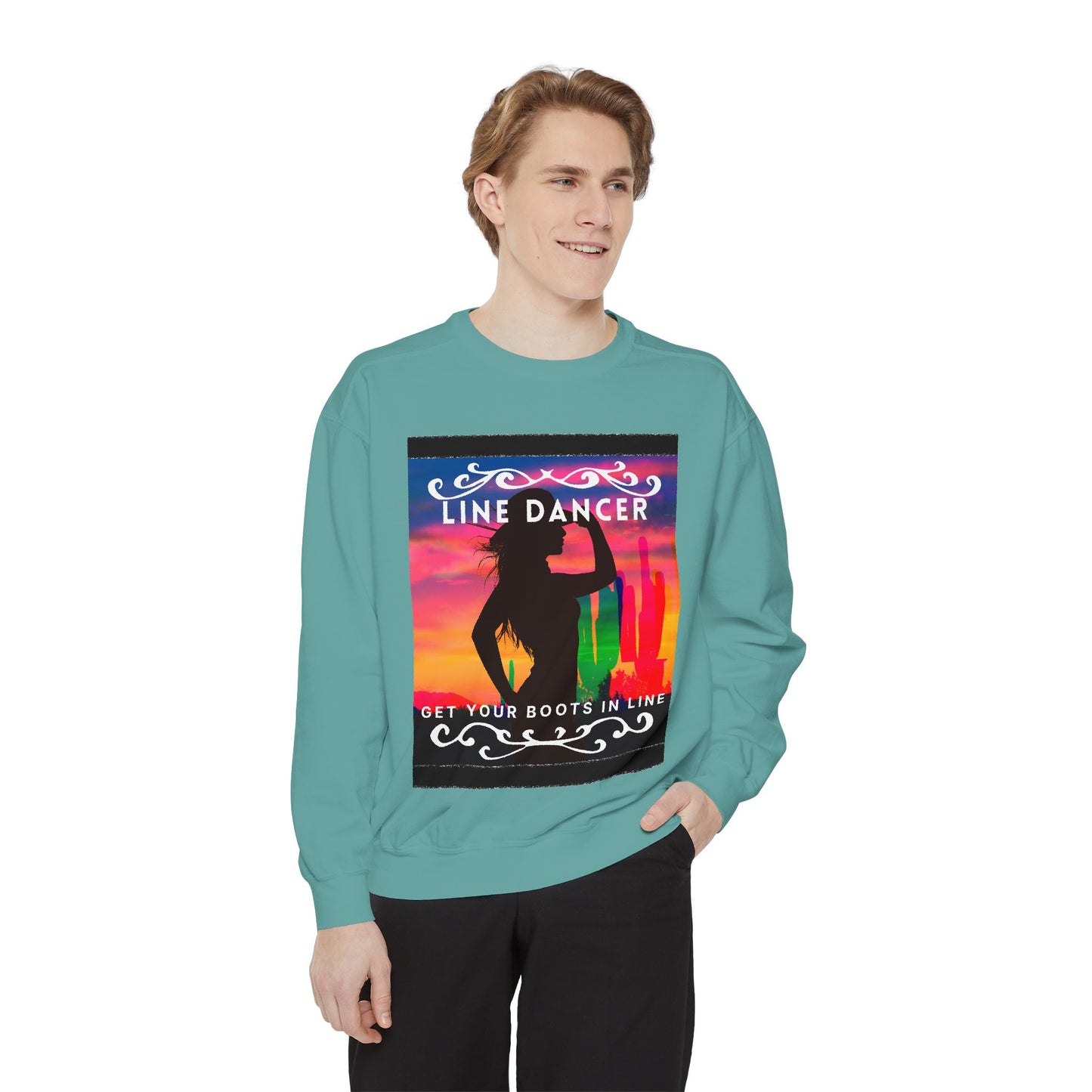 "Line Dancer, Get Your Boots in Line" Unisex Lightweight Crewneck Sweatshirt – Western Dance Graphic Pullover for Country Music & Boot Scootin’ Fans