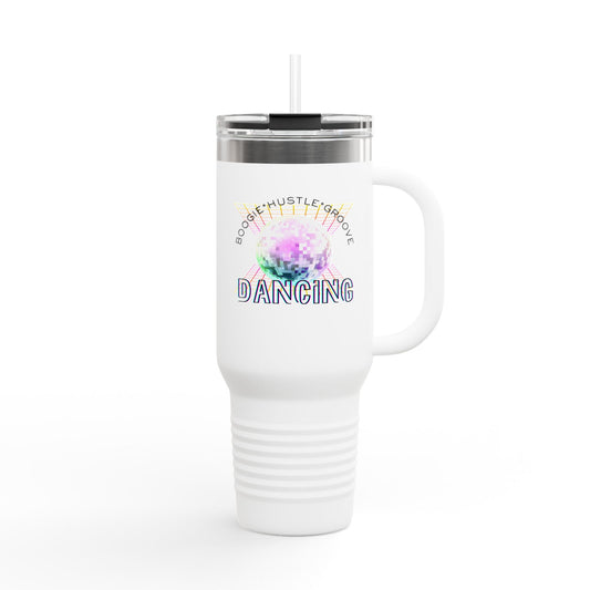 "Boogie, Hustle, Groove - Dancing" 40oz Insulated Travel Mug – Disco Dance Theme Stainless Steel Tumbler with Lid & Straw | Jeté Dance Shop