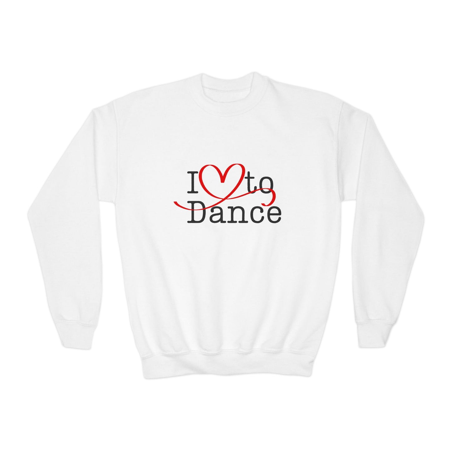 I Love to Dance Youth Crewneck Sweatshirt – Hand-Drawn Heart Graphic Dance Lover Pullover