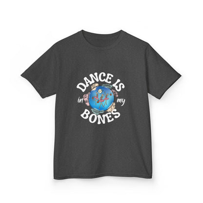 "Dance Is in My Bones” Halloween Dance T-Shirt with Dancing Skeletons Graphic - Kids Heavy Cotton™ Tee