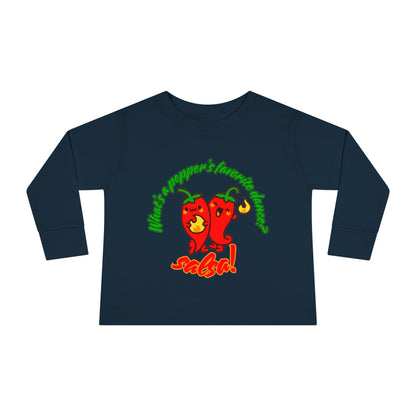 "What Is a Pepper's Favorite Dance? Salsa!" Toddler Dance T-Shirt – Cute Pepper Pun Graphic Long Sleeve Tee for Kids