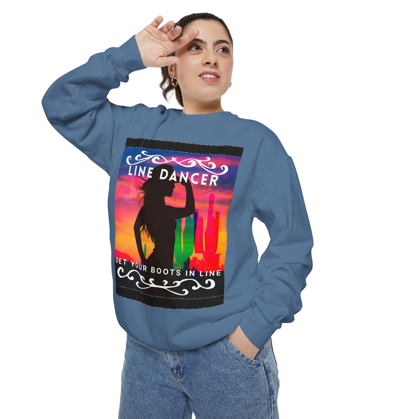 "Line Dancer, Get Your Boots in Line" Unisex Lightweight Crewneck Sweatshirt – Western Dance Graphic Pullover for Country Music & Boot Scootin’ Fans