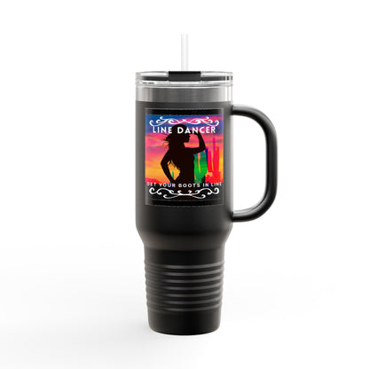 "Line Dancer, Get Your Boots In Line" 40oz Insulated Travel Mug – Cowgirl Dance-Themed Tumbler for Country Western Lovers