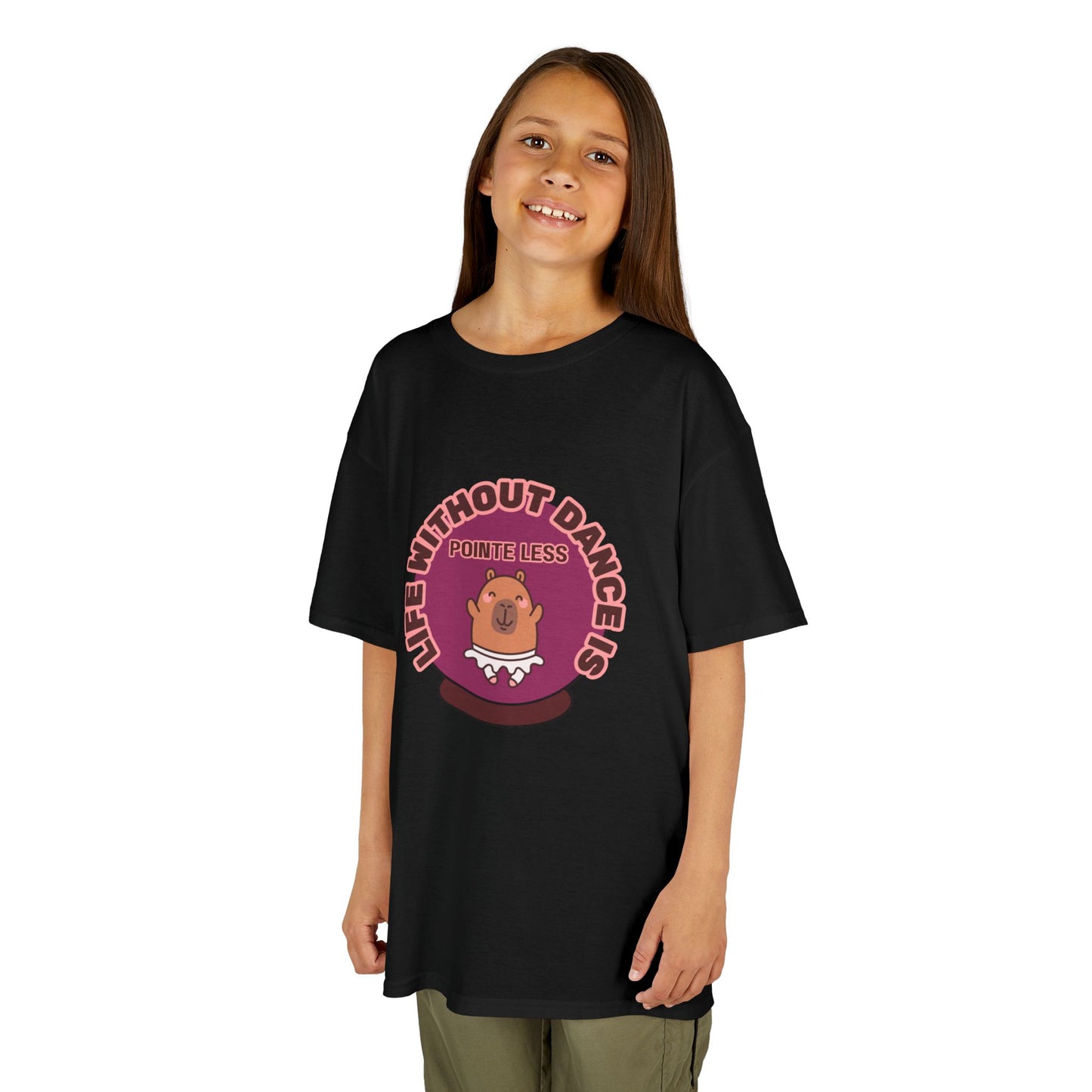 "Life Without Dance Is Pointeless" Youth Dance T-Shirt – Cute Capybara Ballerina Graphic Tee for Kids