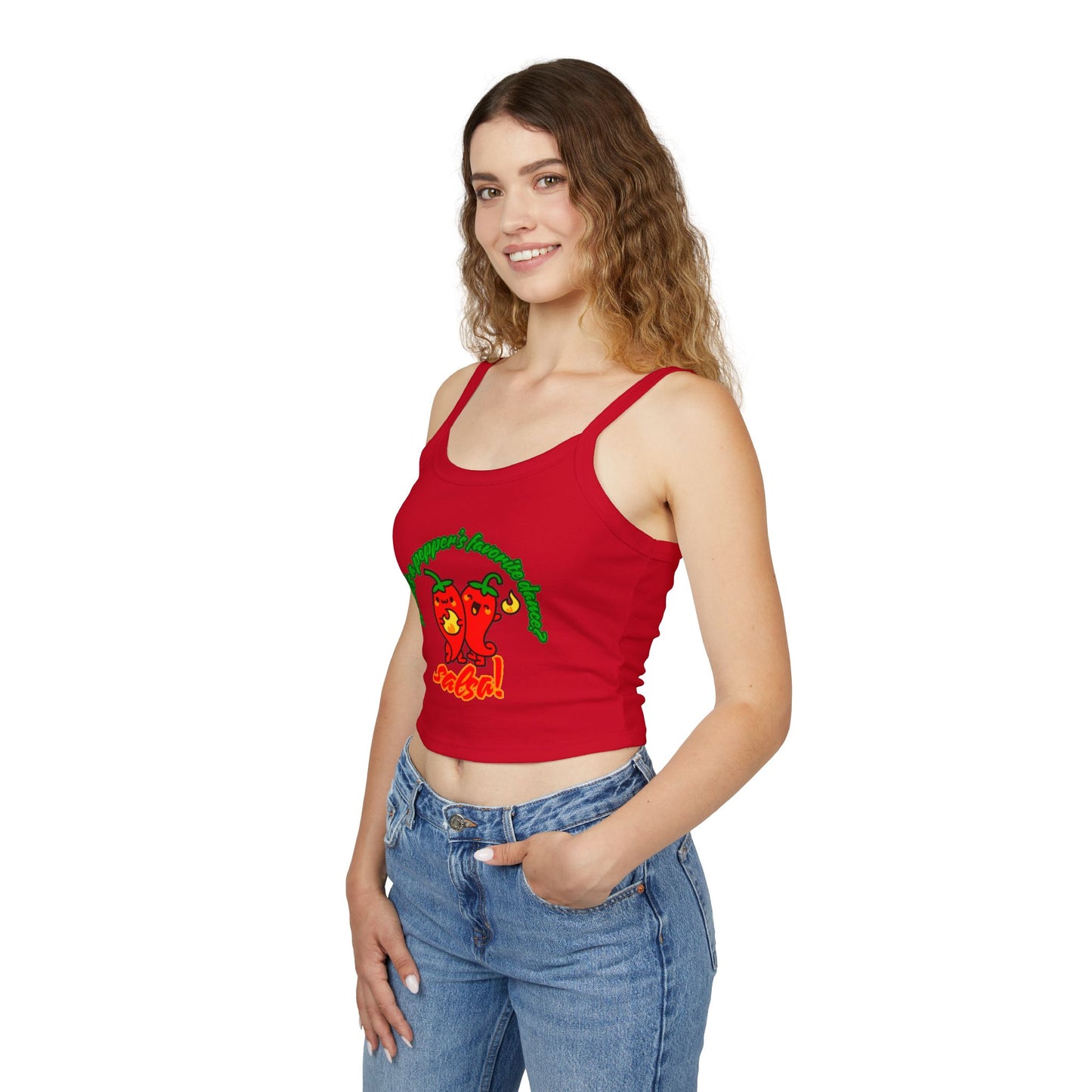 "What’s a Pepper’s Favorite Dance? Salsa!" Women’s Spaghetti Strap Tank Top – Cute Pepper Graphic | Funny Dance Pun Shirt for Dancers & Food Lovers