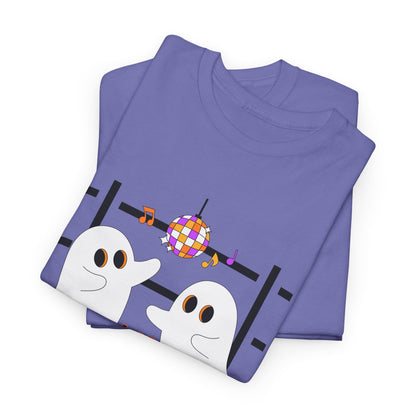 “At the Barre for the Boos” Dance Halloween T-Shirt with Cute Ghost Ballet Graphics - Unisex Heavy Cotton Tee
