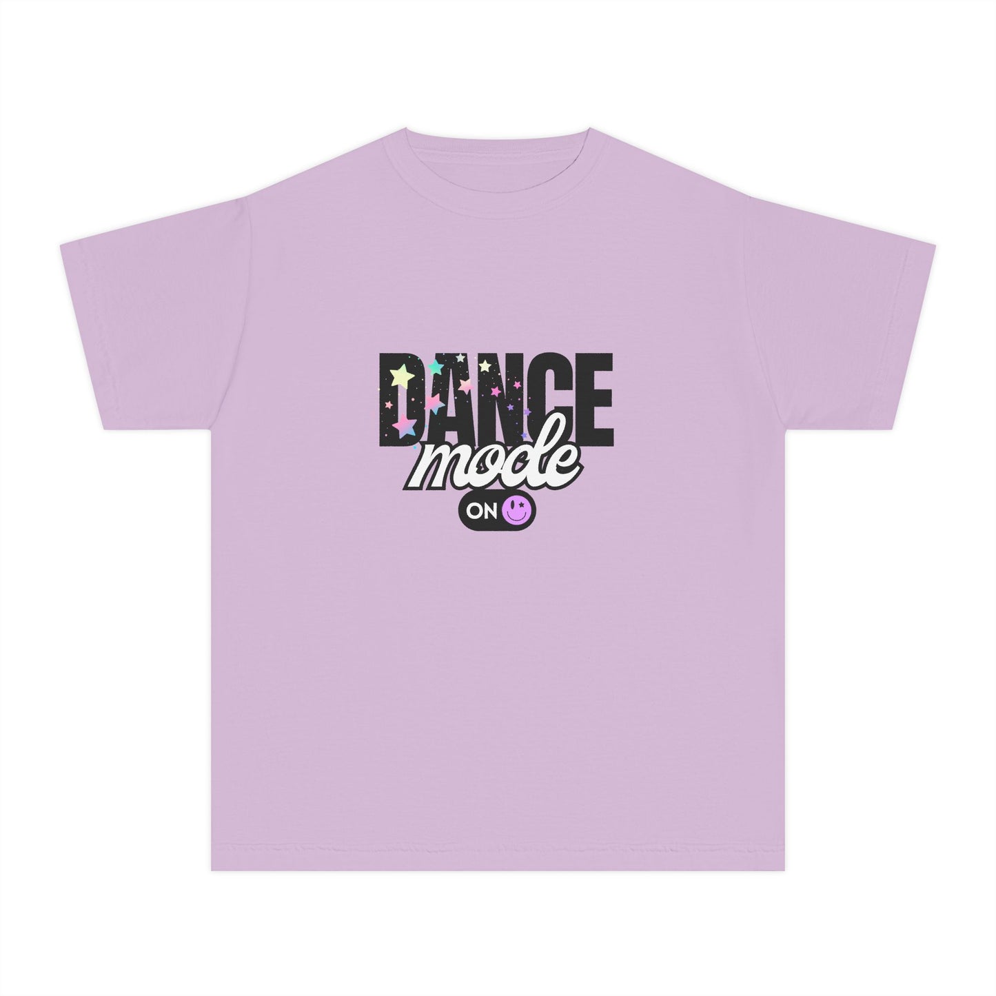 “Dance Mode On" Comfort Colors Youth Midweight  T-Shirt – Pastel Stars & Smiley Face Dance Graphic Tee for Kids