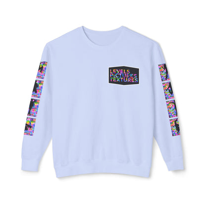 Levels Premium Collection Dance Crewneck Sweatshirt – Vibrant Unisex Streetwear Pullover with "Levels Pictures Textures" Front Text and Dancer Silhouettes on Sleeves