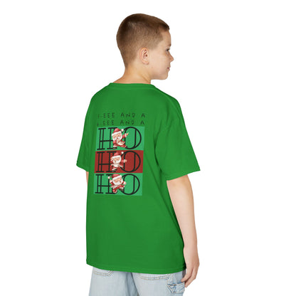 “5-eee and a 6-eee and a Ho, Ho, Ho” YOUTH Short Sleeve Tee with Playful Dancing Santa Front & Back – Festive Christmas Dance Tee for Dancers & Studios