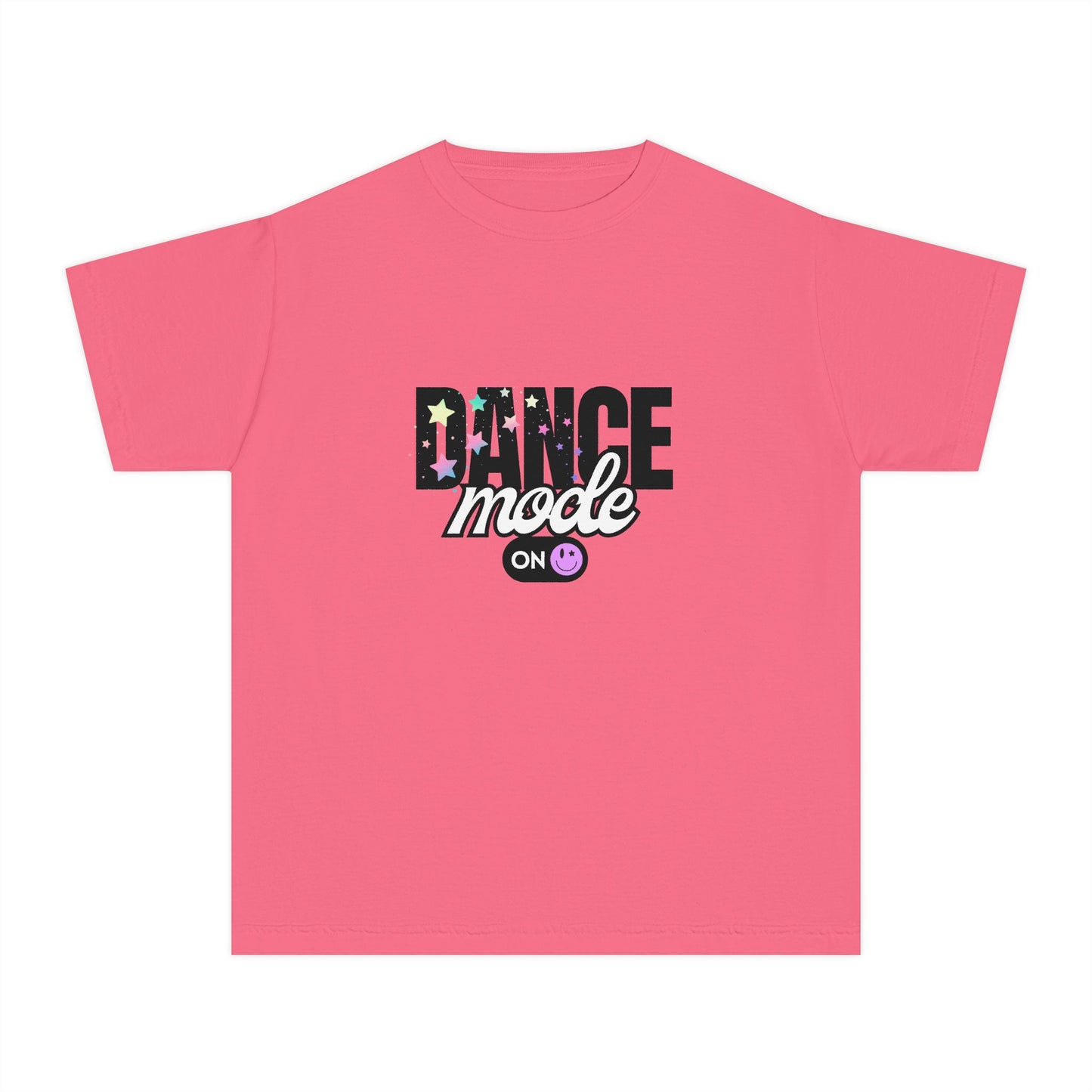 “Dance Mode On" Comfort Colors Youth Midweight  T-Shirt – Pastel Stars & Smiley Face Dance Graphic Tee for Kids