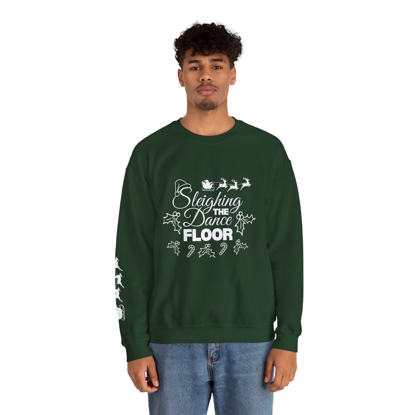 “Sleighing the Dance Floor” ADULT SWEATSHIRT Unisex Heavy Blend Crewneck – Festive Christmas Dance Sweatshirt with Santa’s Sleigh & Reindeer Arm Design, Perfect for Dancers & Studios
