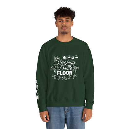“Sleighing the Dance Floor” ADULT SWEATSHIRT Unisex Heavy Blend Crewneck – Festive Christmas Dance Sweatshirt with Santa’s Sleigh & Reindeer Arm Design, Perfect for Dancers & Studios