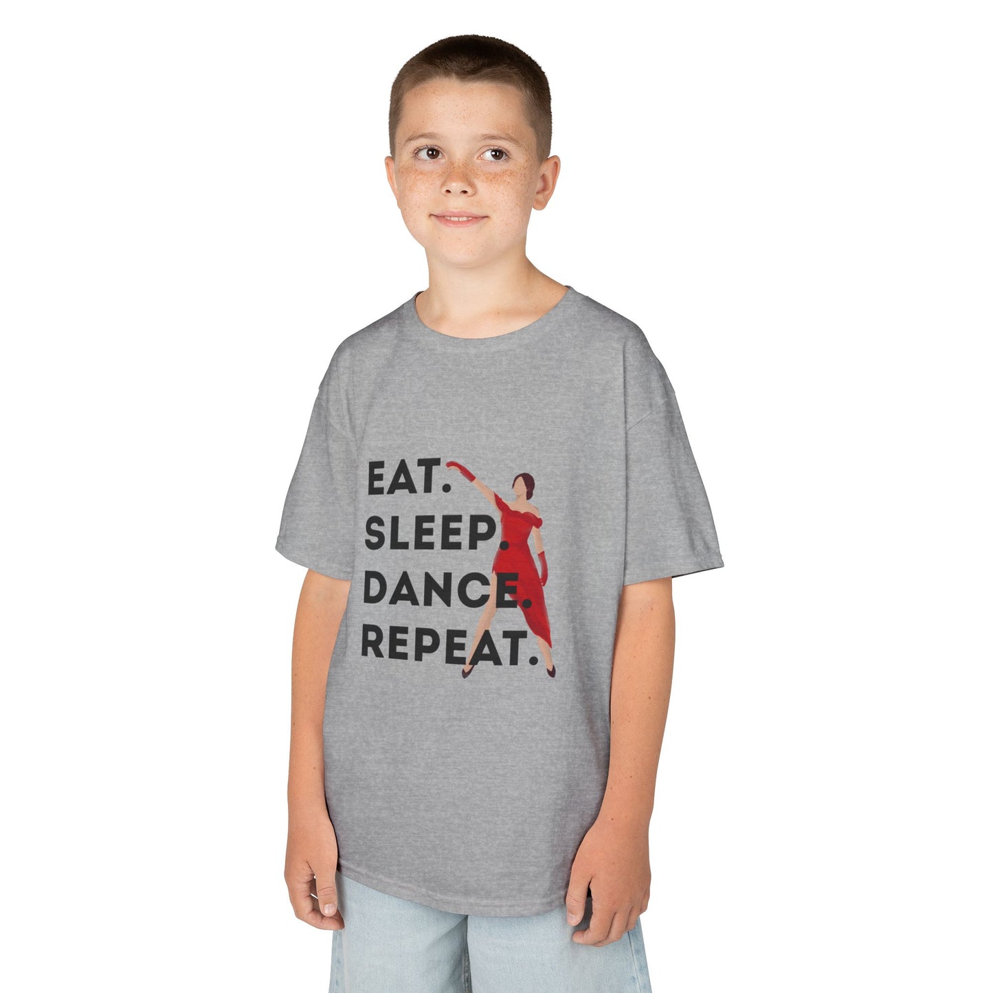 "Eat Sleep Dance Repeat” Youth Short Sleeve Tee – Bold Dancer Graphic Dance Shirt for Kids and Young Performers